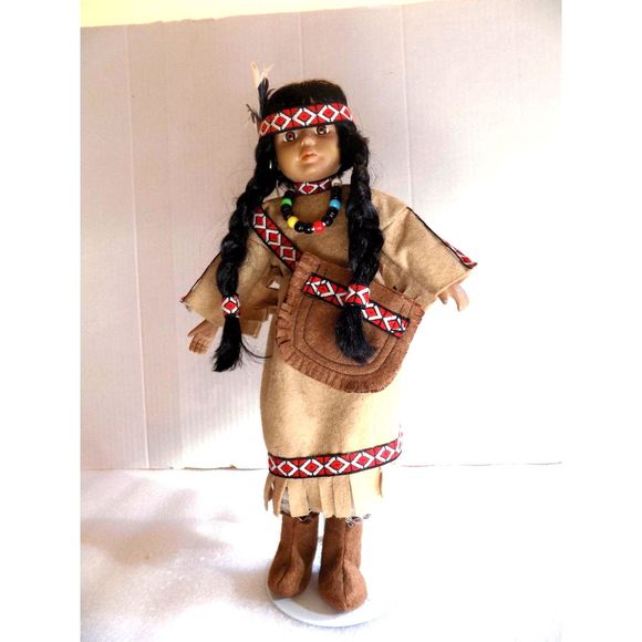 Vintage 1991 Porcelain Indian Doll with Stand by Anco 16.5" Native American Doll - Picture 2 of 7